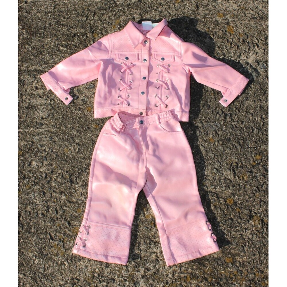 Vintage Camp Beverly Hills Faux Pleather Pink 24M Girls Outfit Jacket Pants HTF